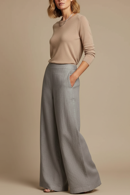 Pantalon Fluide Gris Ample Chic Élégant Lin Femme