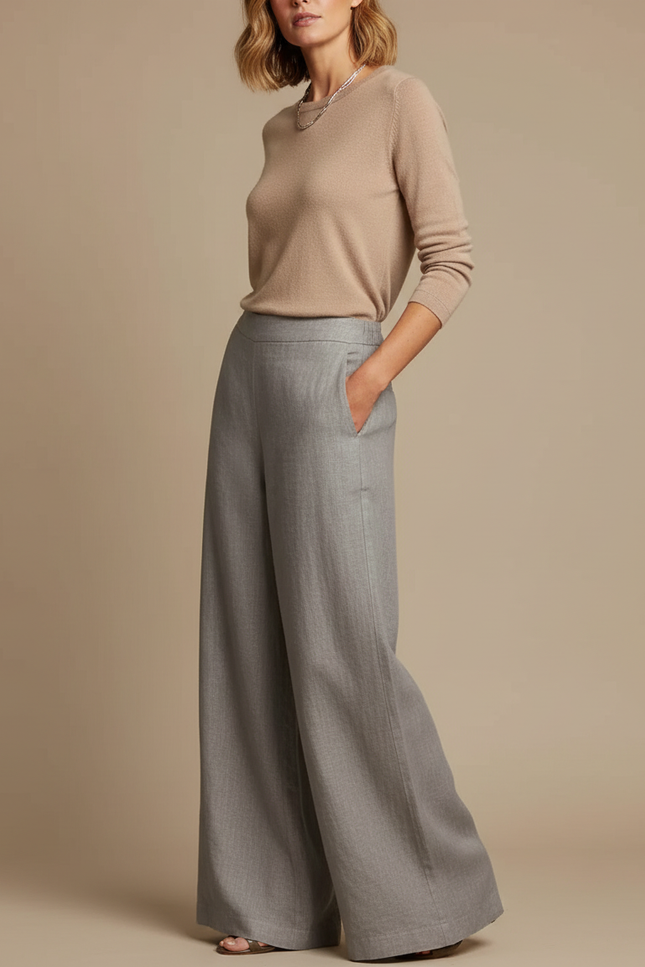 Pantalon Fluide Gris Ample Chic Élégant Lin Femme