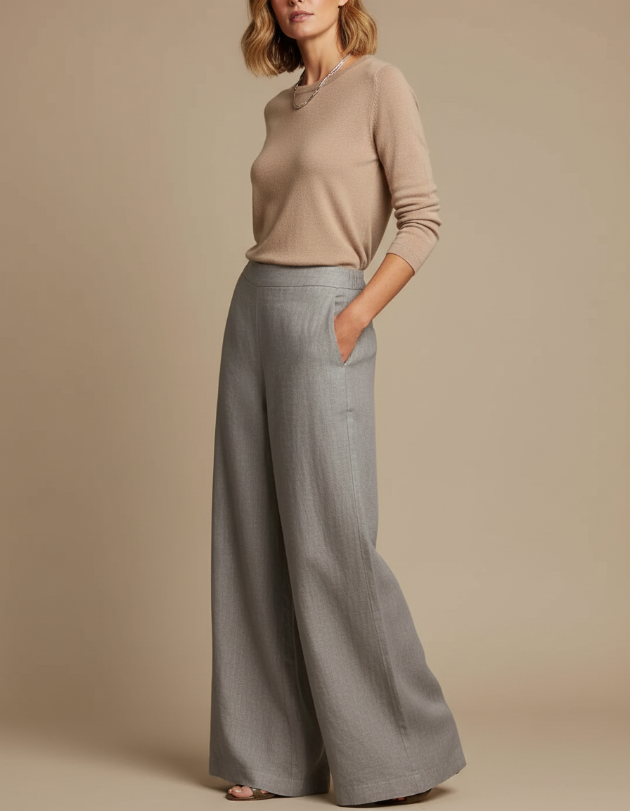 Pantalon Fluide Gris Ample Chic Élégant Lin Femme