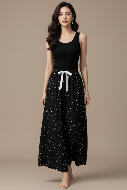 Pantalon Fluide Noir Ample Pois Blancs Cordon - Viscose