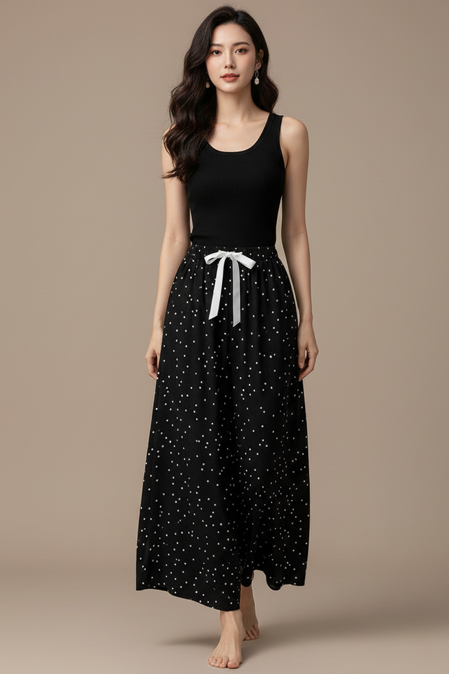 Pantalon Fluide Noir Ample Pois Blancs Cordon - Viscose