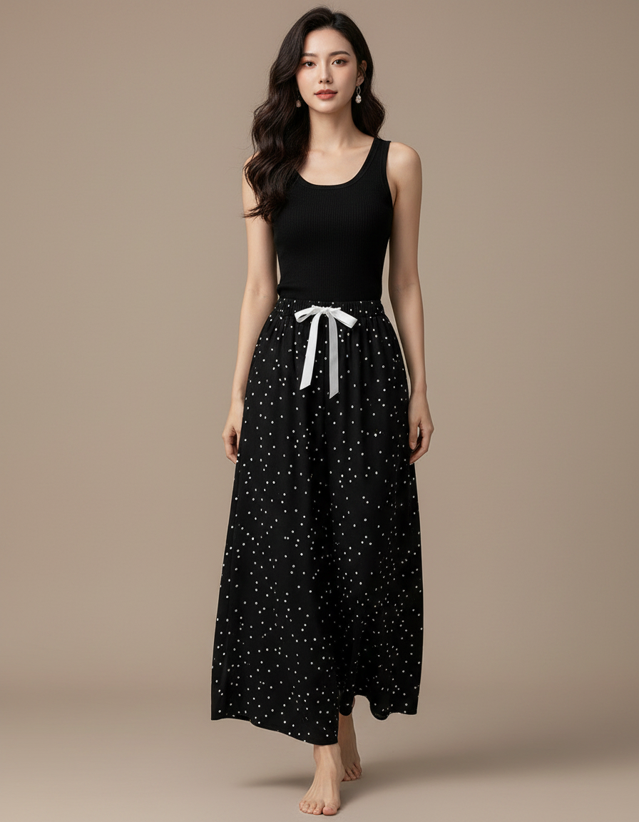 Pantalon Fluide Noir Ample Pois Blancs Cordon - Viscose
