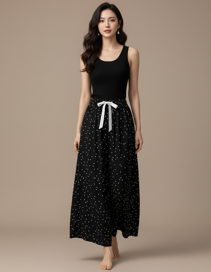 Pantalon Fluide Noir Ample Pois Blancs Cordon - Viscose