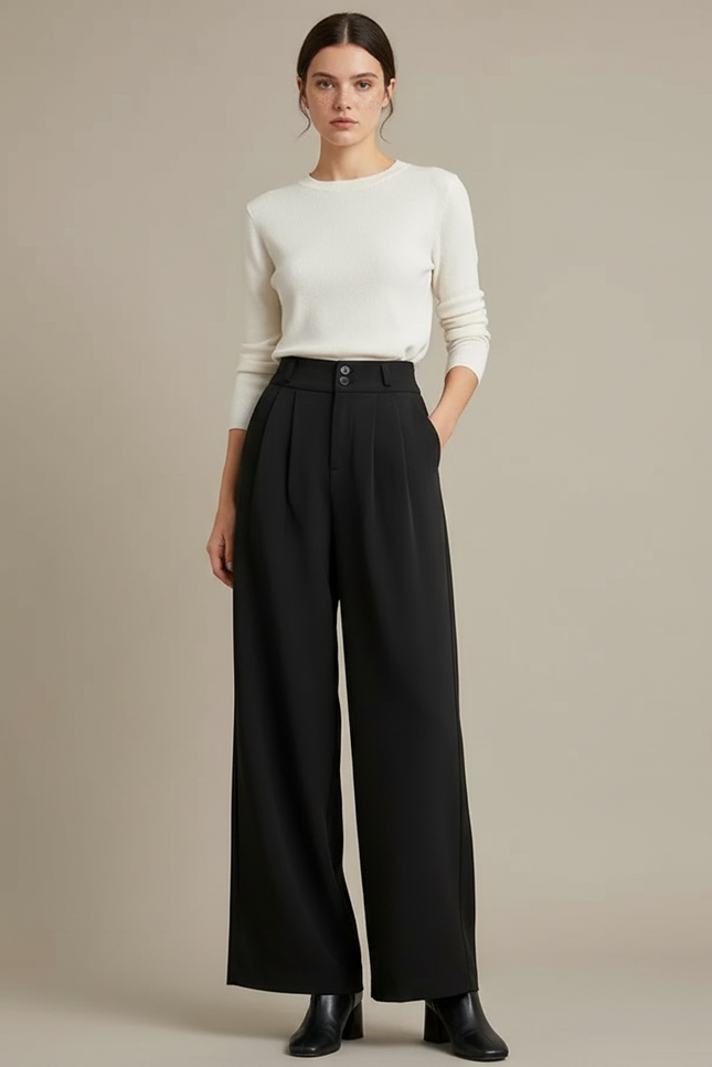 Pantalon Fluide Femme Noir Palazzo Polyester - Viscose
