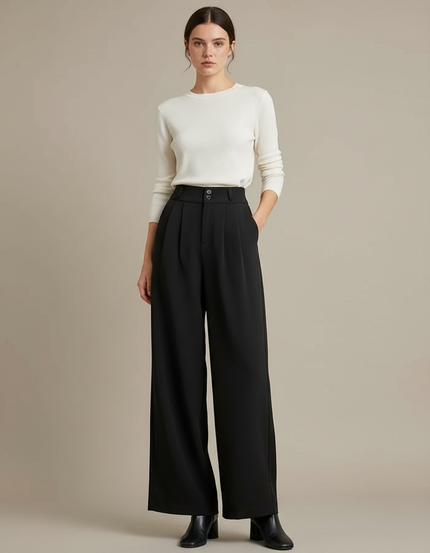 Pantalon Fluide Femme Noir Palazzo Polyester - Viscose