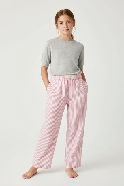 Pantalon Fluide Rose Rayé Ample Coton Décontracté Fille - Lin