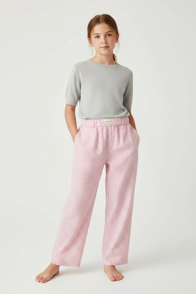 Pantalon Fluide Rose Rayé Ample Coton Décontracté Fille - Lin