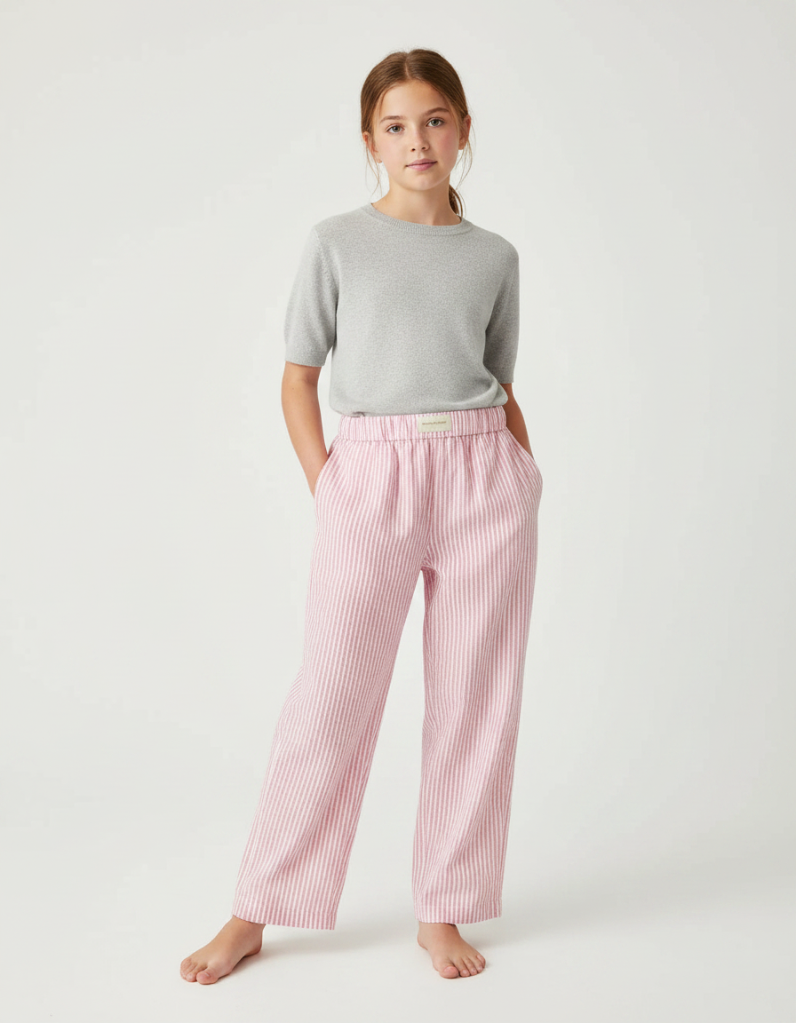 Pantalon Fluide Rose Rayé Ample Coton Décontracté Fille - Lin