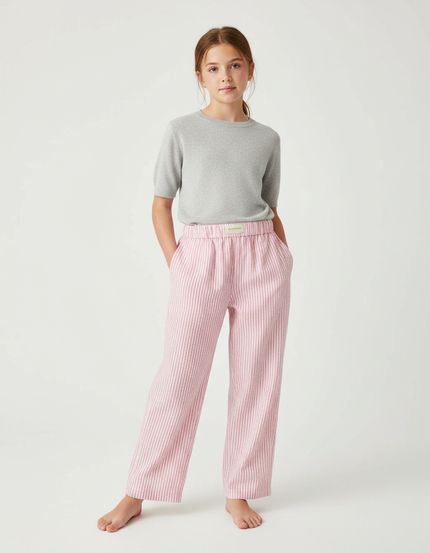Pantalon Fluide Rose Rayé Ample Coton Décontracté Fille - Lin
