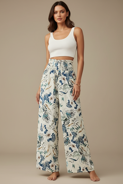 Pantalon Fluide Imprimé Floral Ample Écru Femme - Beige Viscose