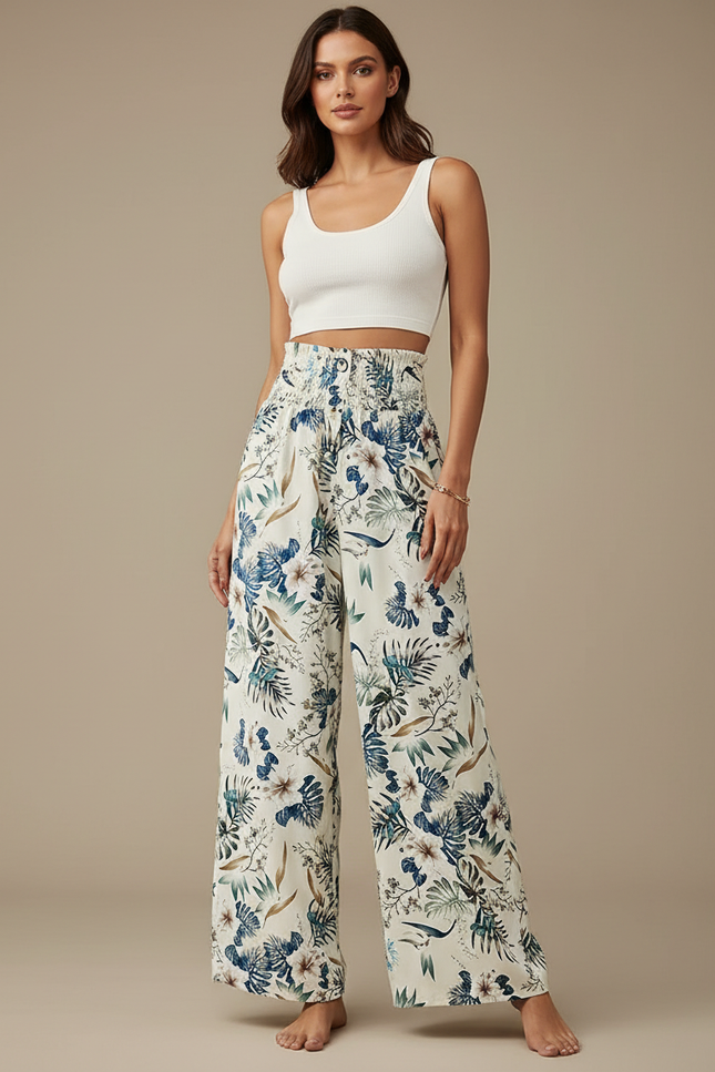 Pantalon Fluide Imprimé Floral Ample Écru Femme - Beige Viscose