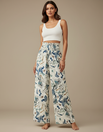 Pantalon Fluide Imprimé Floral Ample Écru Femme - Beige Viscose