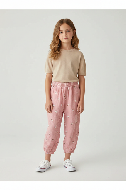 Pantalon Fluide Rose Imprimé Fleurs Muslin Enfant - Coton