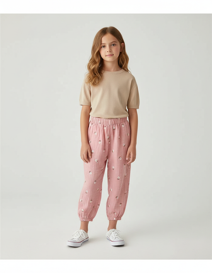 Pantalon Fluide Rose Imprimé Fleurs Muslin Enfant - Coton