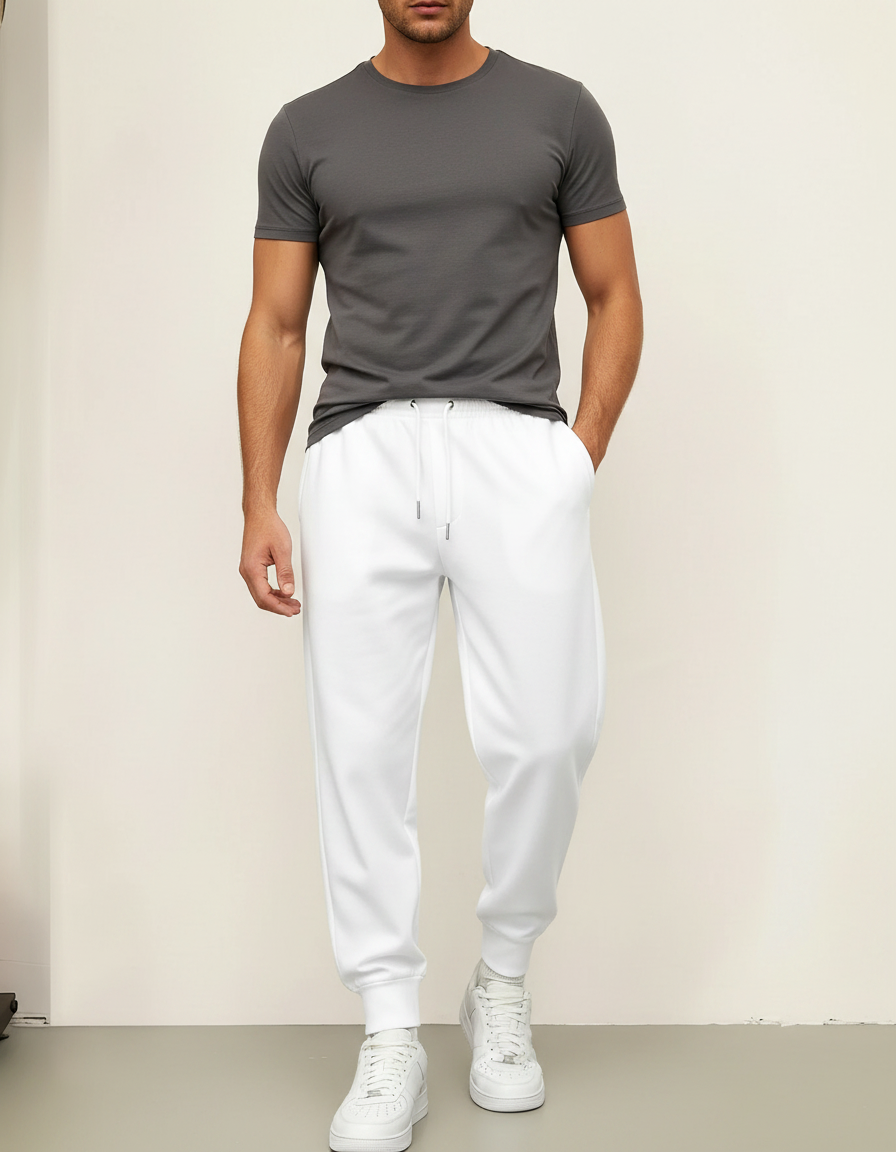 Pantalon Fluide Blanc Cordon Sport Jogging Homme - Molleton