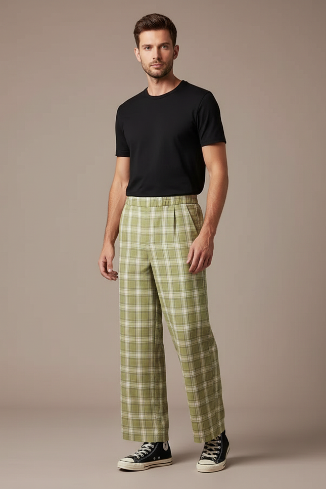 Pantalon Fluide Vert Carreaux Ample Décontracté Homme - Viscose