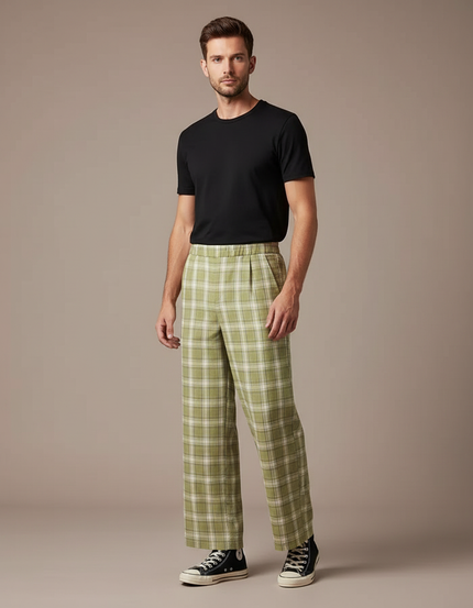 Pantalon Fluide Vert Carreaux Ample Décontracté Homme - Viscose