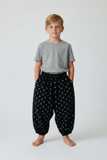 Pantalon Fluide Noir Ample Pois Côtelé Enfant - Cordé
