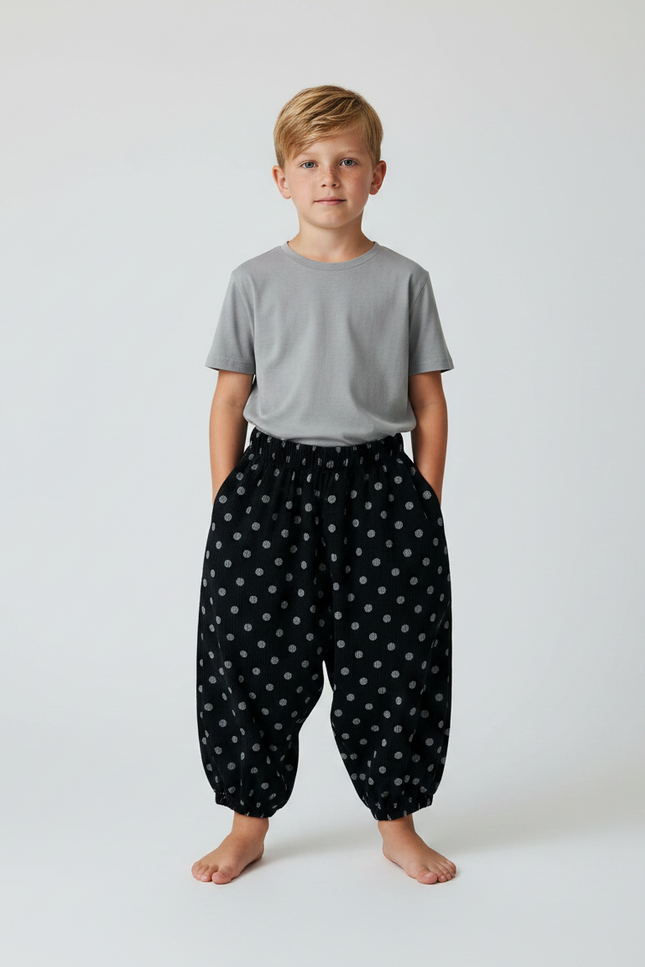Pantalon Fluide Noir Ample Pois Côtelé Enfant - Cordé