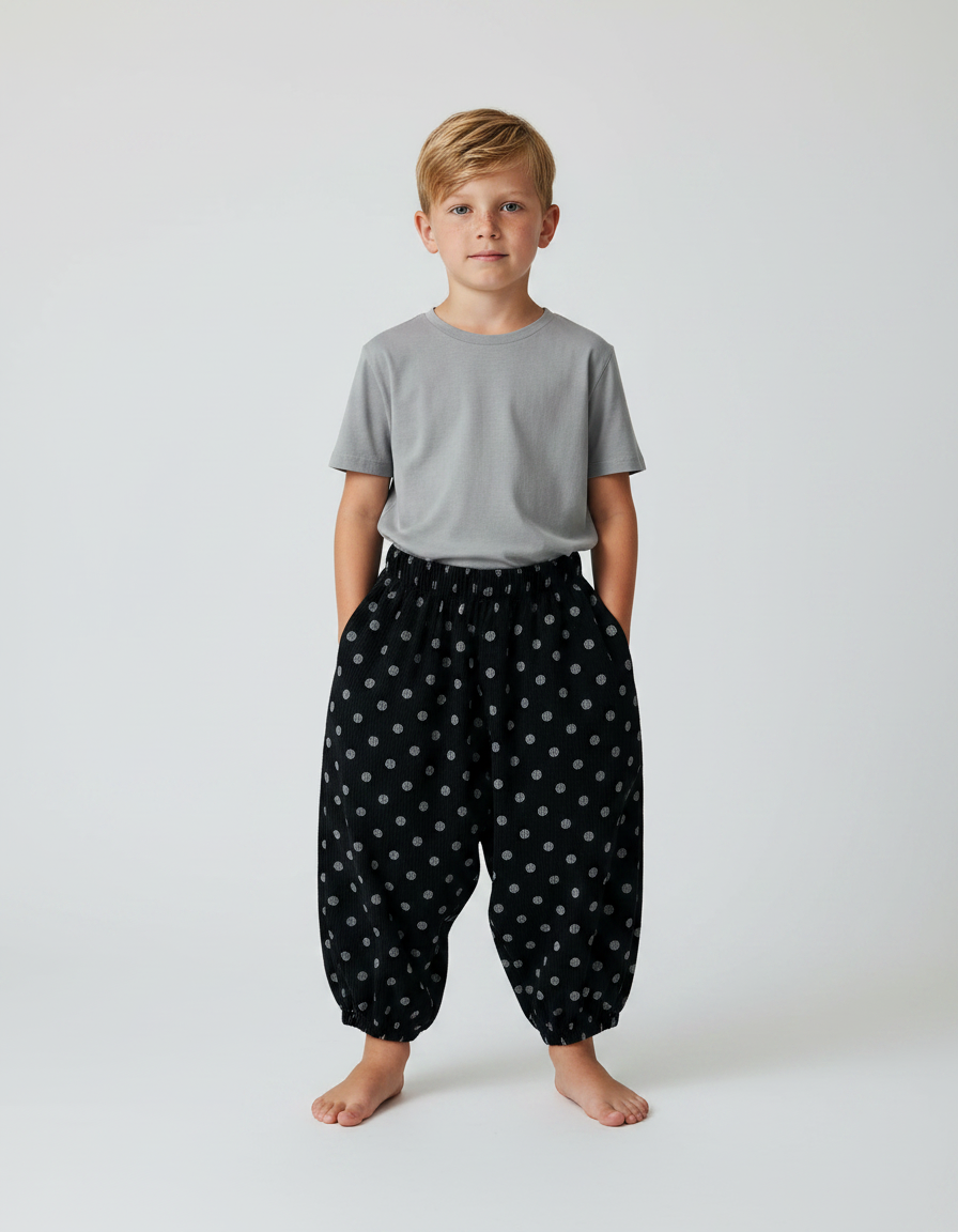 Pantalon Fluide Noir Ample Pois Côtelé Enfant - Cordé