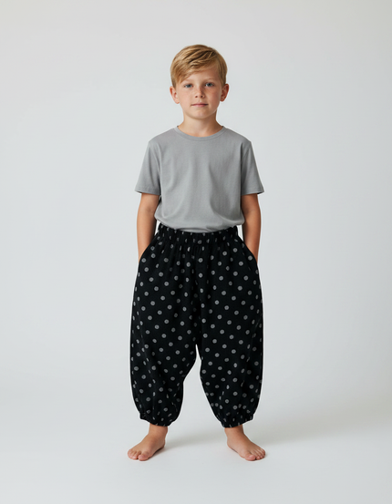 Pantalon Fluide Noir Ample Pois Côtelé Enfant - Cordé