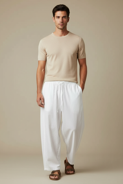 Pantalon Fluide Blanc Ample Coton Cordon Homme