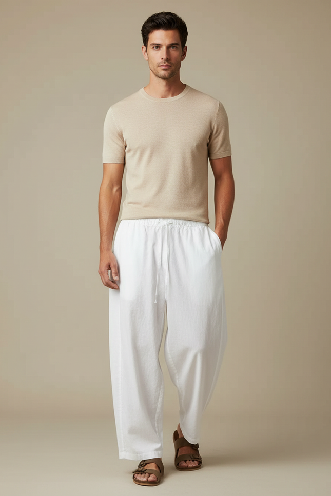 Pantalon Fluide Blanc Ample Coton Cordon Homme