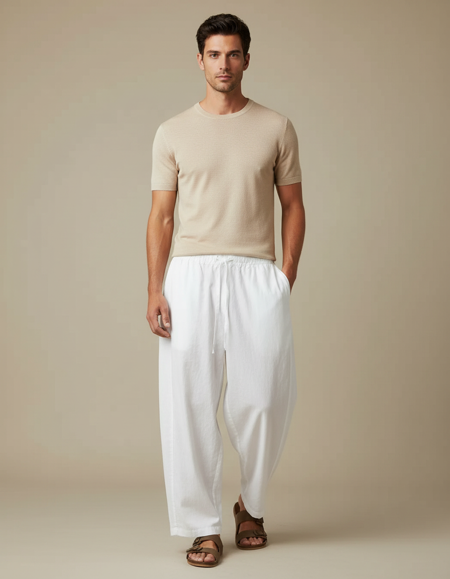Pantalon Fluide Blanc Ample Coton Cordon Homme