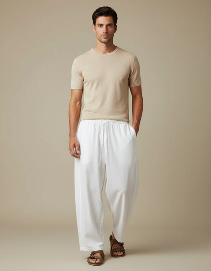Pantalon Fluide Blanc Ample Coton Cordon Homme
