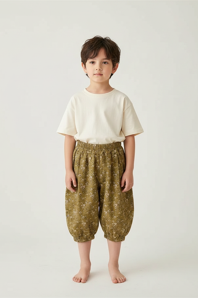 Pantalon Fluide Vert Imprimé Fleuri Ample Enfant - Kaki Coton