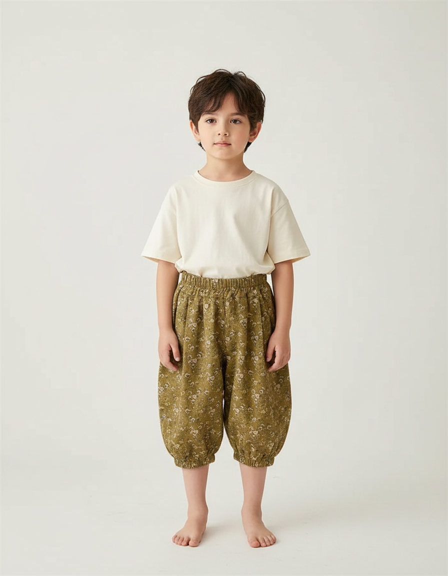 Pantalon Fluide Vert Imprimé Fleuri Ample Enfant - Kaki Coton