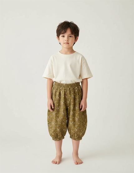 Pantalon Fluide Vert Imprimé Fleuri Ample Enfant - Kaki Coton