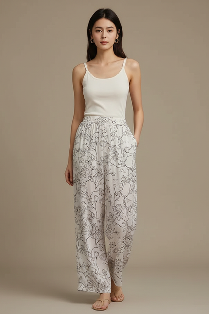 Pantalon Fluide Blanc Imprimé Floral Ample Léger Confortable - Viscose