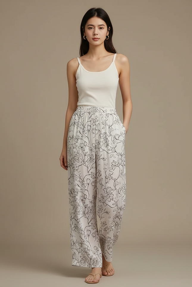 Pantalon Fluide Blanc Imprimé Floral Ample Léger Confortable - Viscose
