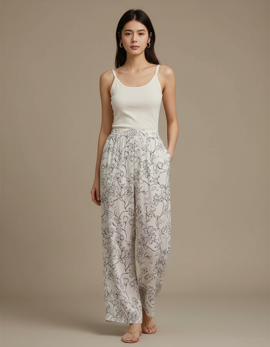 Pantalon Fluide Blanc Imprimé Floral Ample Léger Confortable - Viscose