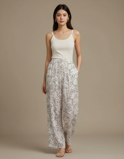 Pantalon Fluide Blanc Imprimé Floral Ample Léger Confortable - Viscose