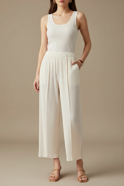 Pantalon Fluide Plissé Écru Ample Décontracté Femme - Beige Polyester