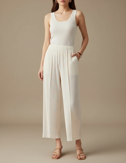 Pantalon Fluide Plissé Écru Ample Décontracté Femme - Beige Polyester