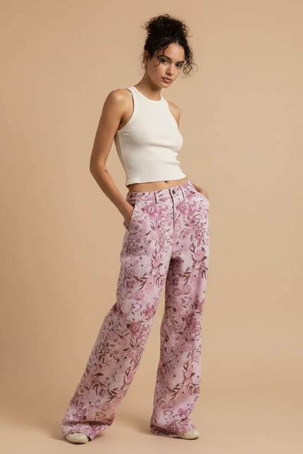 Pantalon Fluide Rose Floral Ample Décontracté Femme - Coton