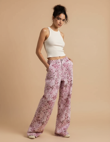 Pantalon Fluide Rose Floral Ample Décontracté Femme - Coton