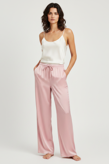 Pantalon Fluide Rose Poudré Ample Soie Élégant Femme