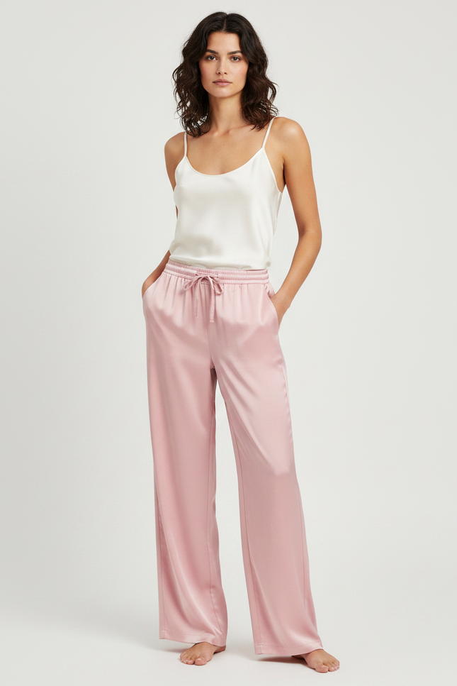 Pantalon Fluide Rose Poudré Ample Soie Élégant Femme