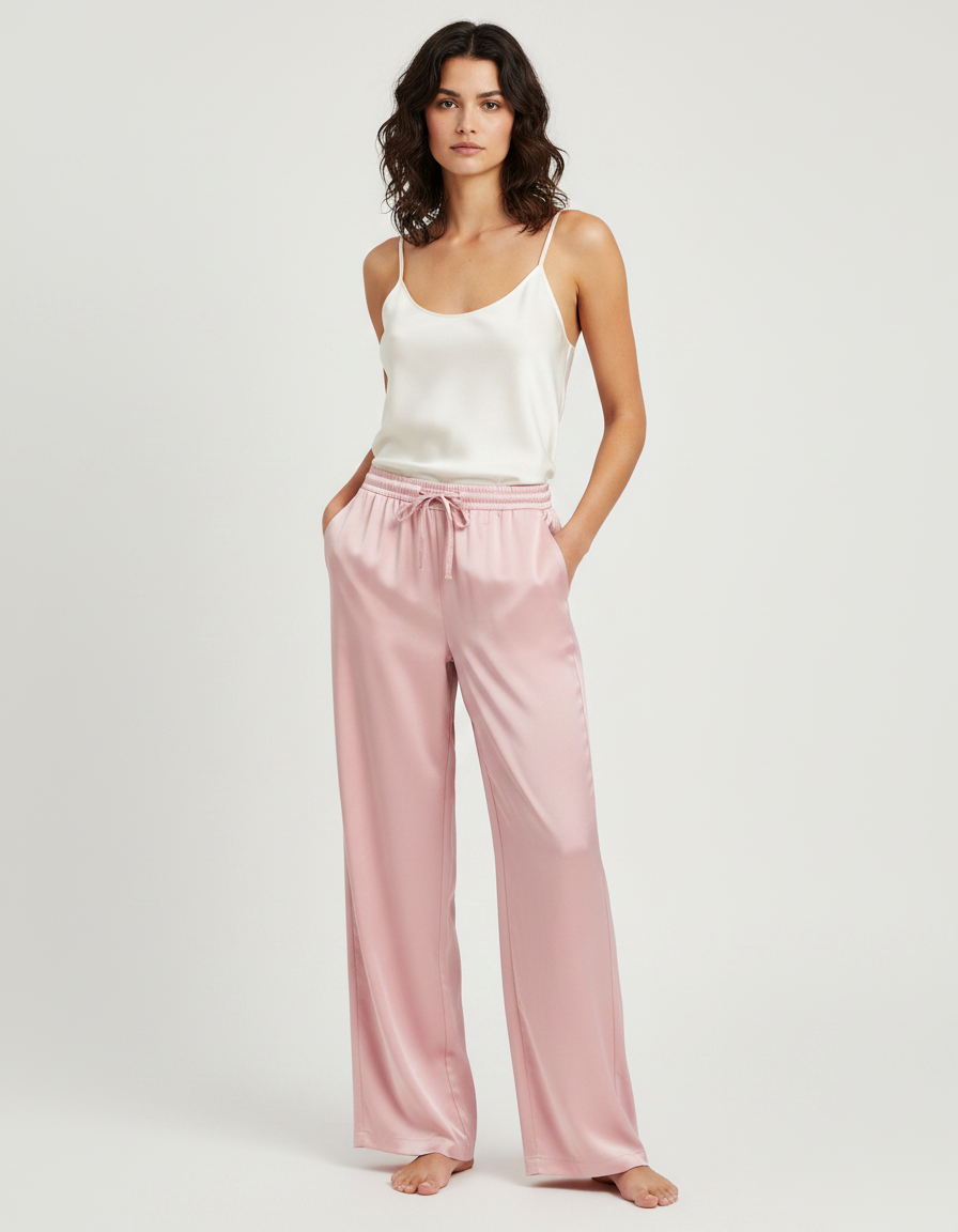 Pantalon Fluide Rose Poudré Ample Soie Élégant Femme