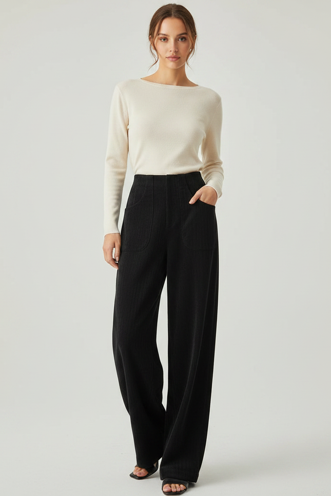 Pantalon Fluide Noir Ample Côtelé Taille Haute Femme - Cordé