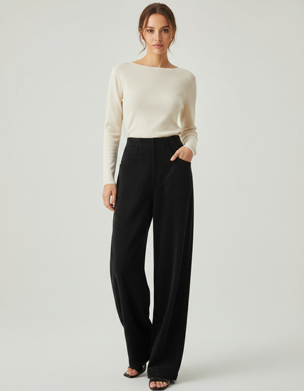 Pantalon Fluide Noir Ample Côtelé Taille Haute Femme - Cordé