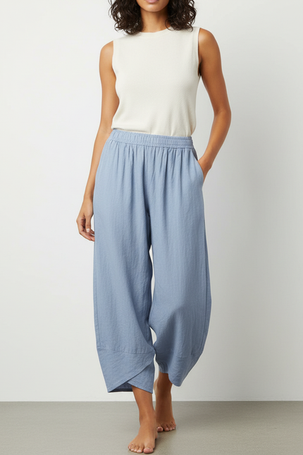 Pantalon Fluide Bleu Ciel Ample Lin Décontracté
