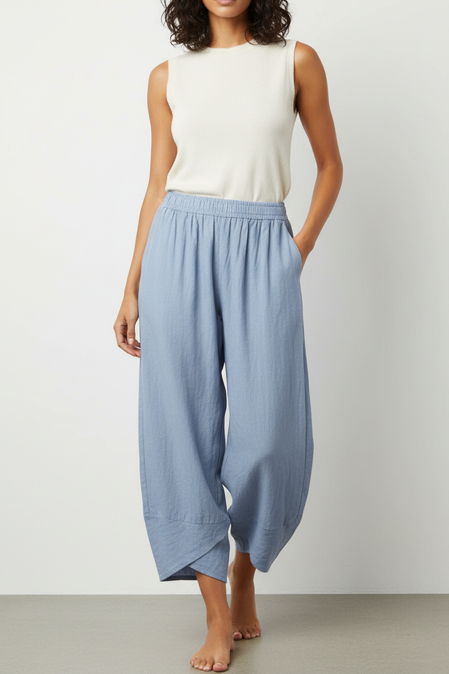 Pantalon Fluide Bleu Ciel Ample Lin Décontracté