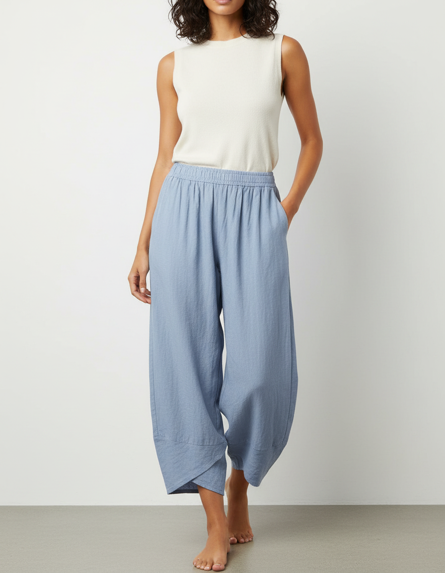 Pantalon Fluide Bleu Ciel Ample Lin Décontracté