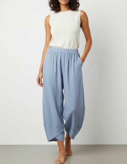 Pantalon Fluide Bleu Ciel Ample Lin Décontracté