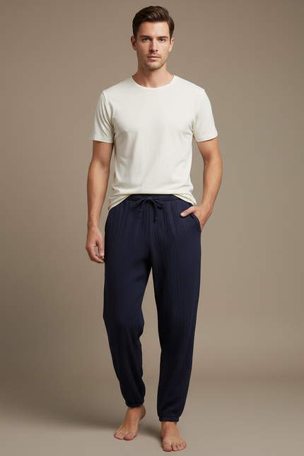 Pantalon Fluide Bleu Marine Coton Côtelé Ample Homme - Cordé
